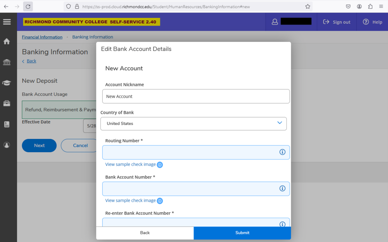 Enter banking information screen