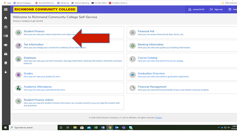 Big red arrow pointing to Student Finance section in Self-Service